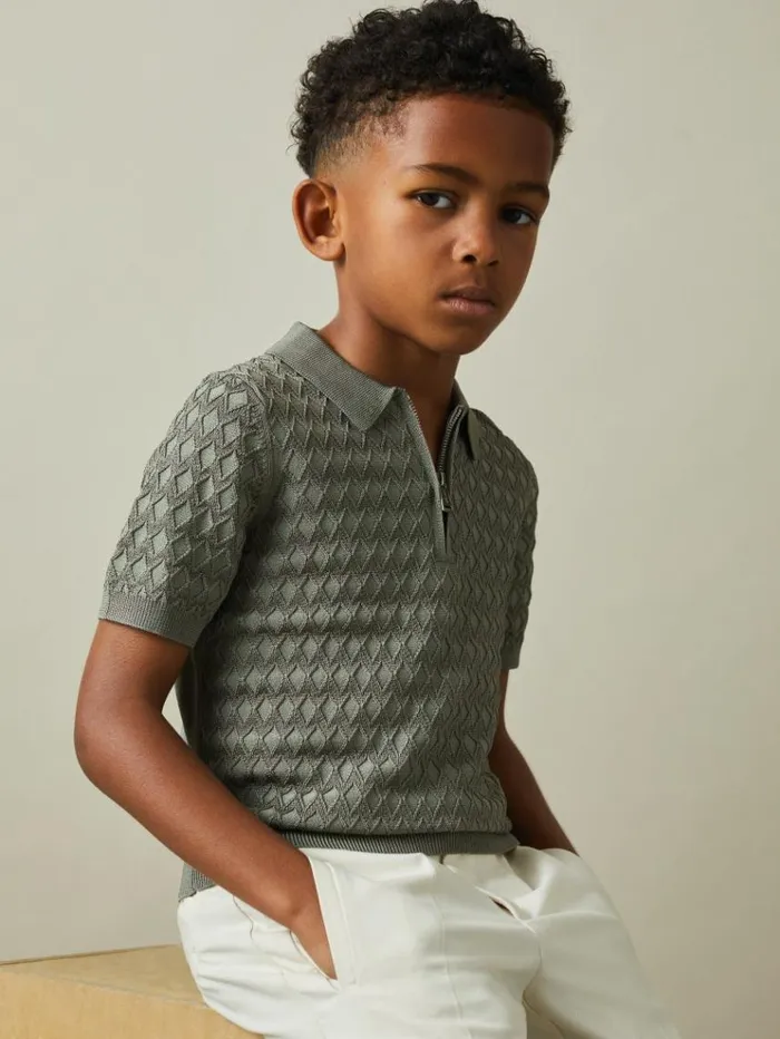 REISS Polo Shirts Children HalfZip Knitted Polo Shirt Sage