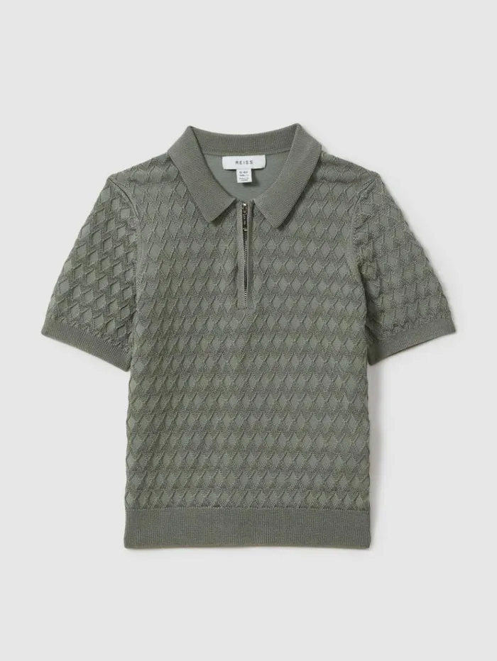 REISS Polo Shirts Children HalfZip Knitted Polo Shirt Sage