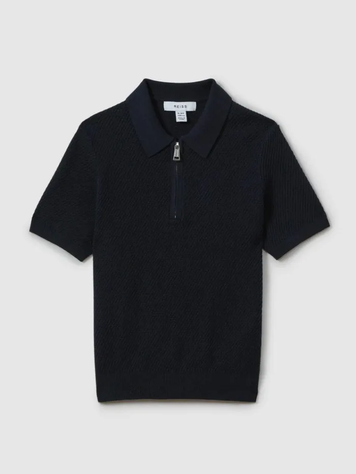 REISS Polo Shirts Children Textured Half Zip Neck Polo Shirt Navy