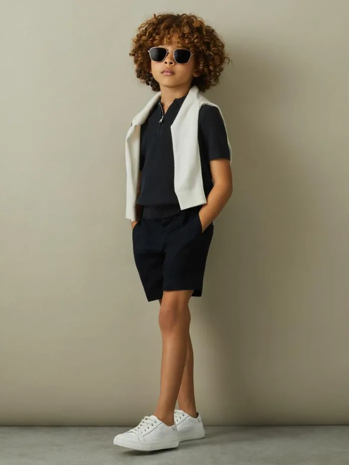 REISS Polo Shirts Children Textured Half Zip Neck Polo Shirt Navy