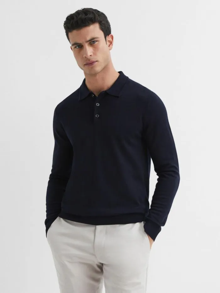 REISS Polo Shirts Men Merino Wool Polo Shirt Navy