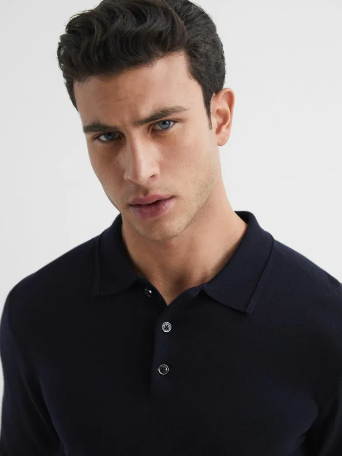 REISS Polo Shirts Men Merino Wool Polo Shirt Navy