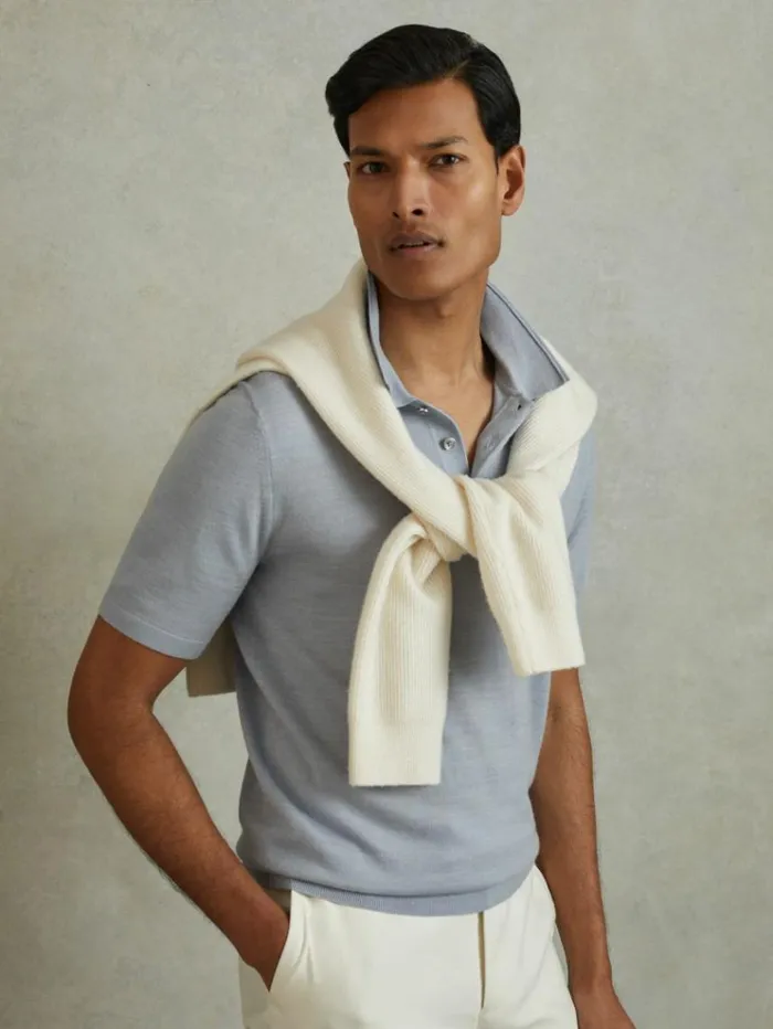 REISS Polo Shirts Men Merino Wool Polo Shirt Soft Blue Melange