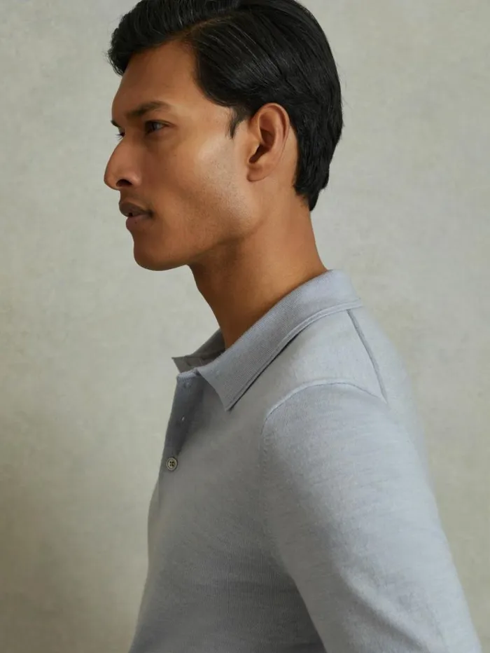 REISS Polo Shirts Men Merino Wool Polo Shirt Soft Blue Melange