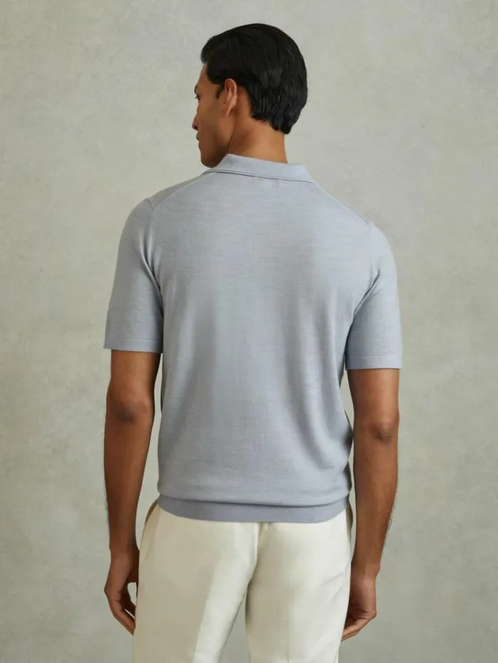 REISS Polo Shirts Men Merino Wool Polo Shirt Soft Blue Melange