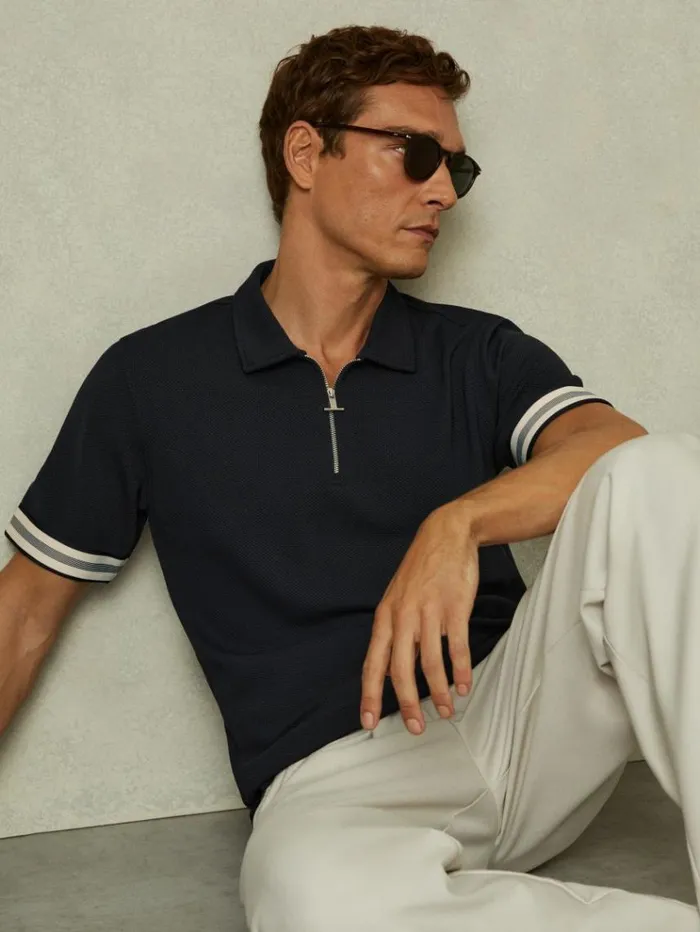 REISS Polo Shirts Men Textured Contrast Trim HalfZip Polo Shirt Navy