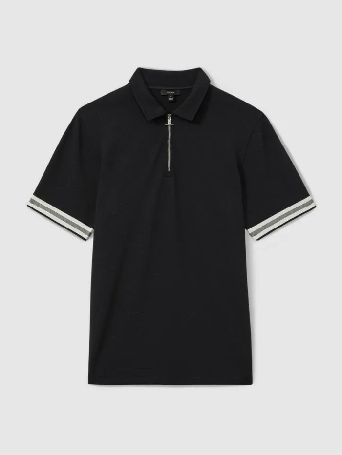 REISS Polo Shirts Men Textured Contrast Trim HalfZip Polo Shirt Navy