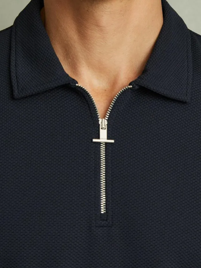 REISS Polo Shirts Men Textured Contrast Trim HalfZip Polo Shirt Navy