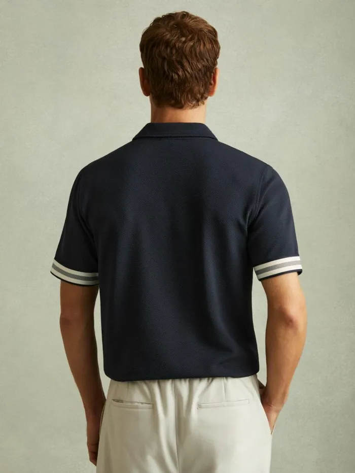 REISS Polo Shirts Men Textured Contrast Trim HalfZip Polo Shirt Navy