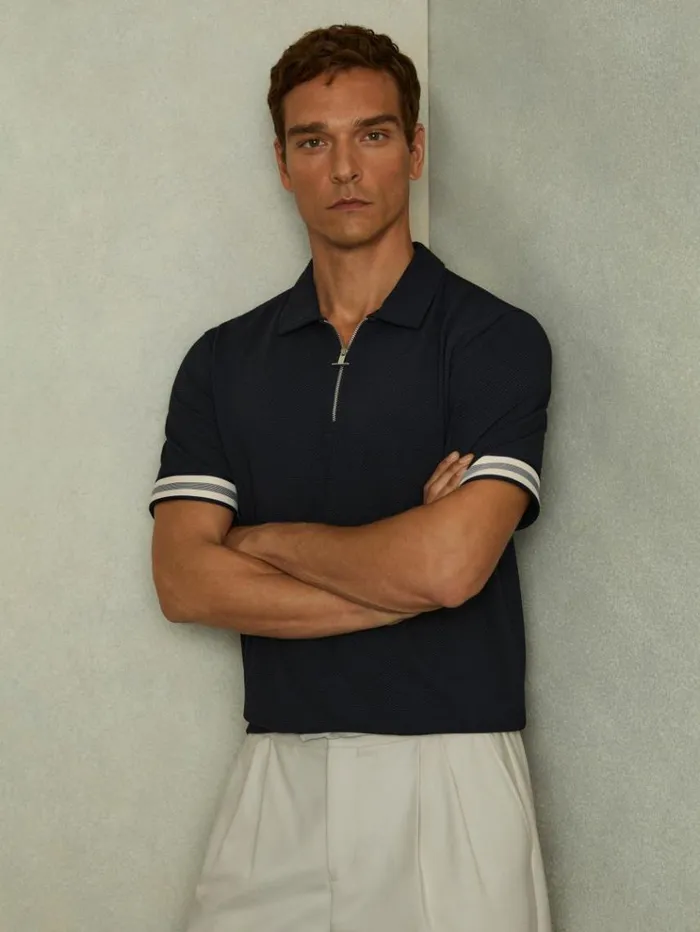REISS Polo Shirts Men Textured Contrast Trim HalfZip Polo Shirt Navy