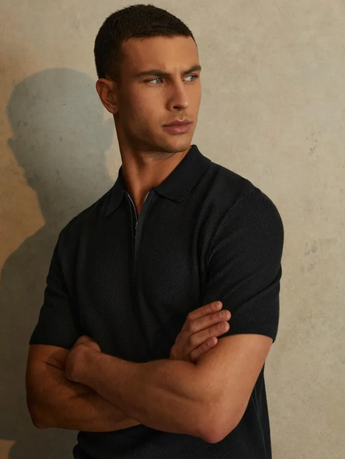 REISS Polo Shirts Men Textured HalfZip Polo Shirt Navy