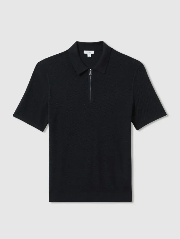 REISS Polo Shirts Men Textured HalfZip Polo Shirt Navy