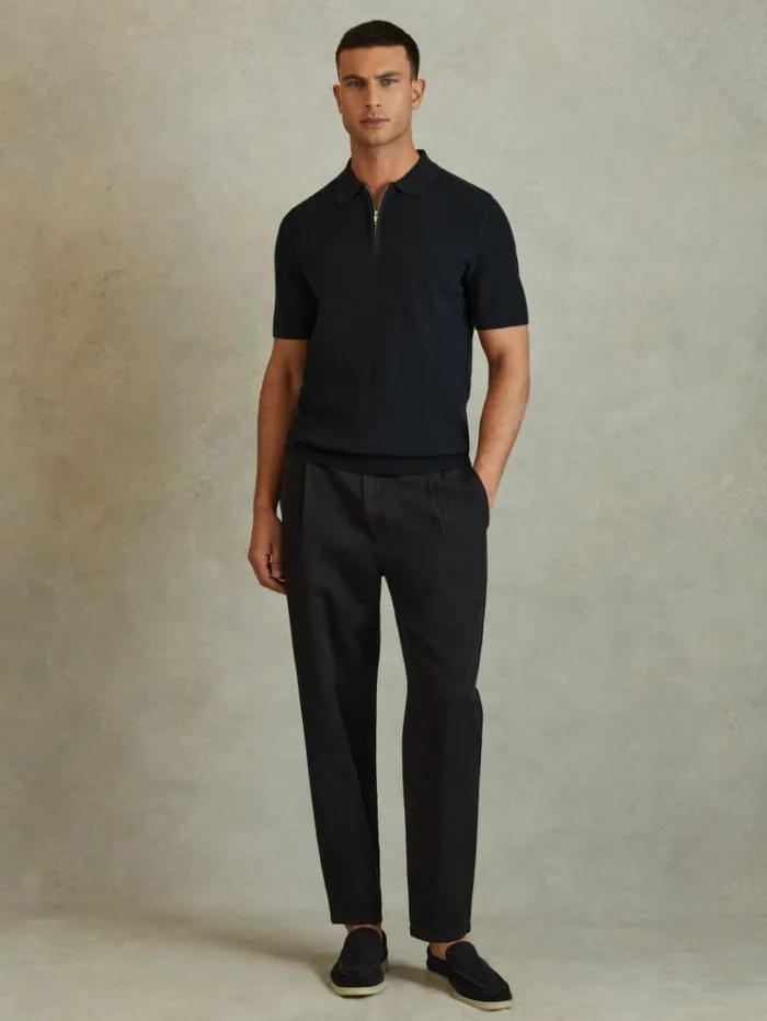 REISS Polo Shirts Men Textured HalfZip Polo Shirt Navy