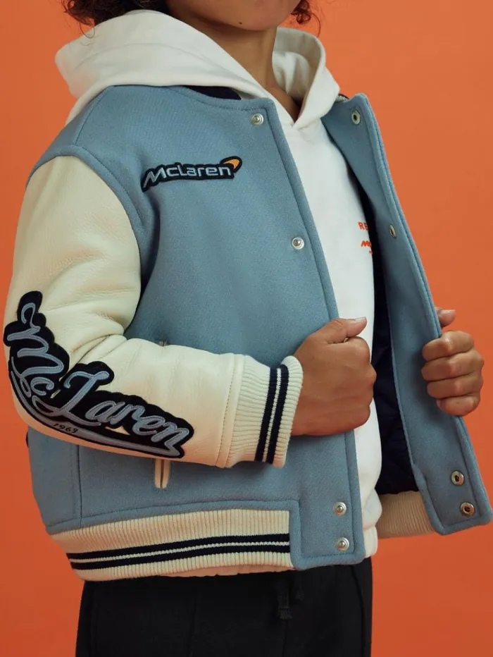 REISS Reiss X Mclaren F1 Team Children McLaren F1 Leather Varsity Jacket Airforce Blueecru