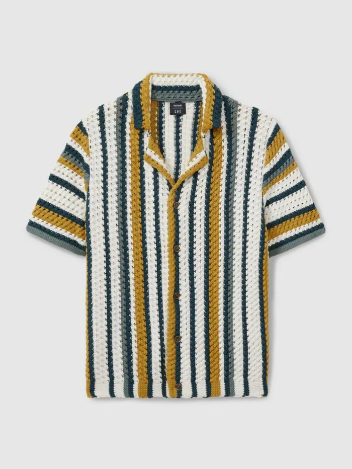 REISS Shirts Men Ch Crochet Cuban Collar Shirt Green Multi