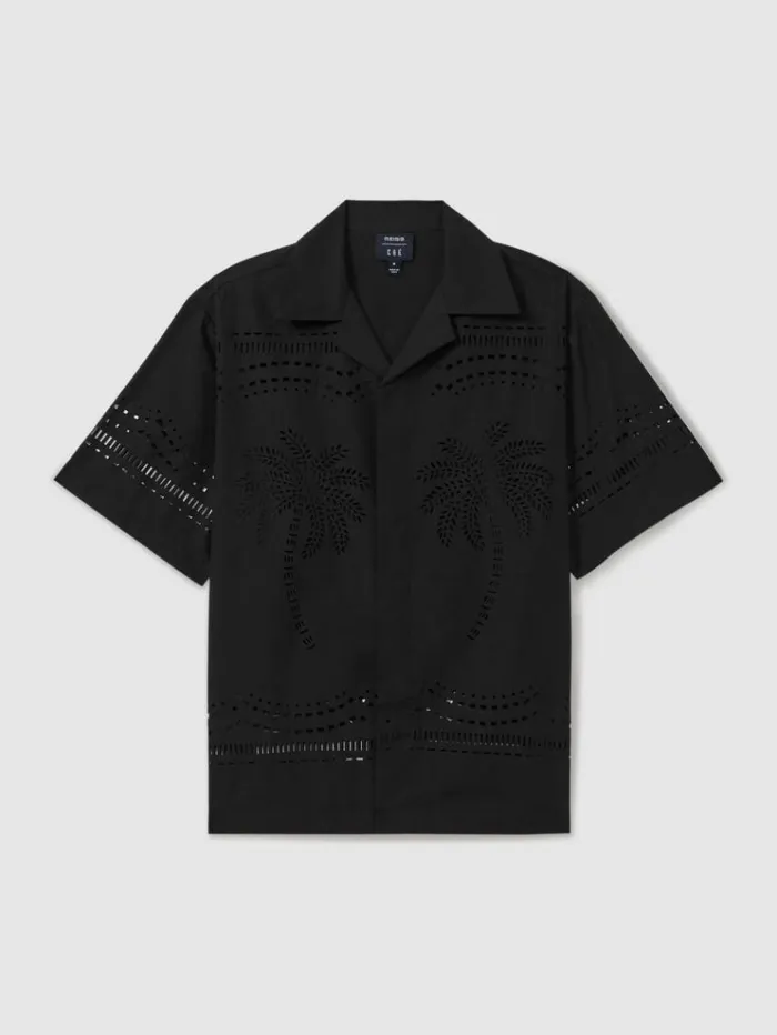 REISS Shirts Men Ch Poplin Laser CutOut Cuban Collar Shirt Black