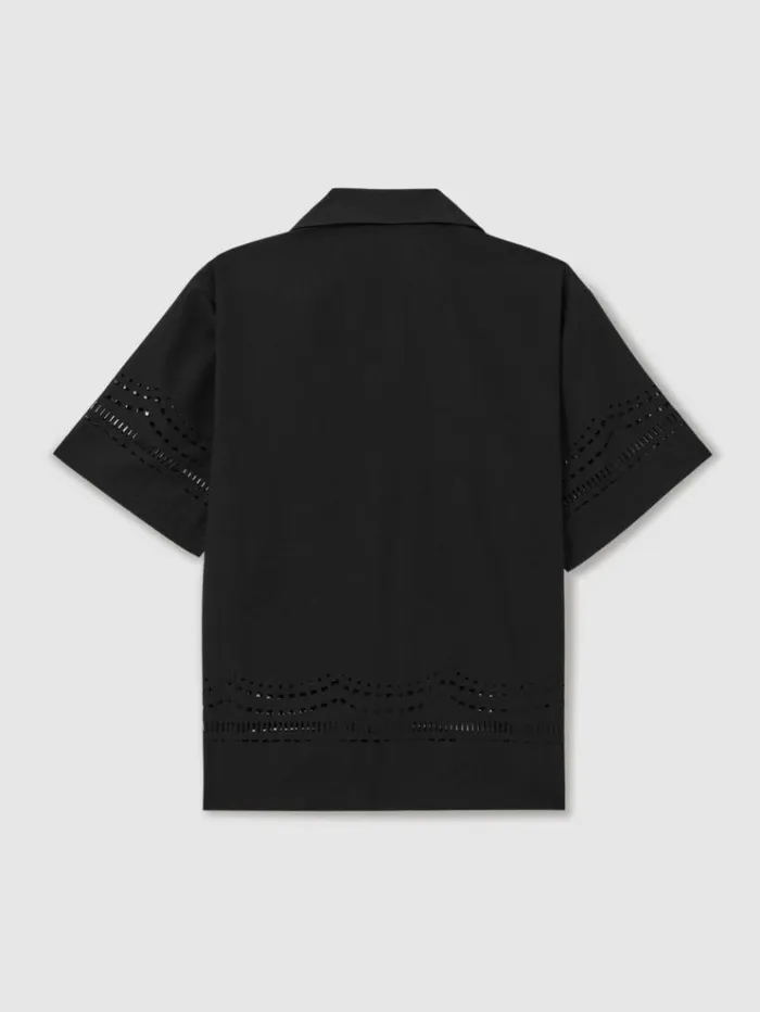 REISS Shirts Men Ch Poplin Laser CutOut Cuban Collar Shirt Black