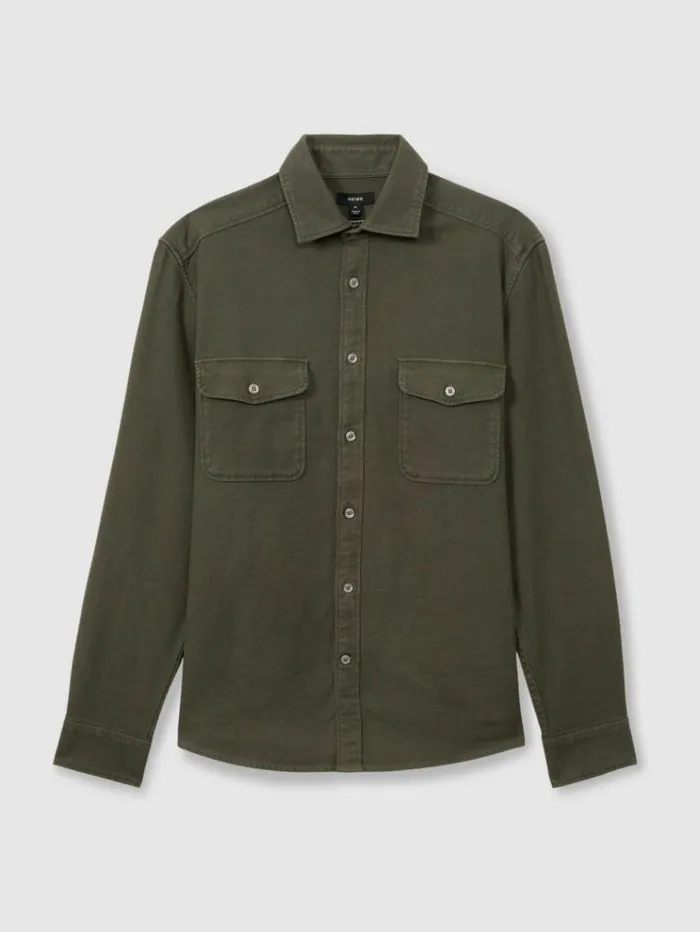 REISS Shirts Men Cotton Blend Canvas Overshirt Khaki Green