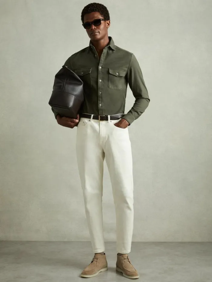 REISS Shirts Men Cotton Blend Canvas Overshirt Khaki Green