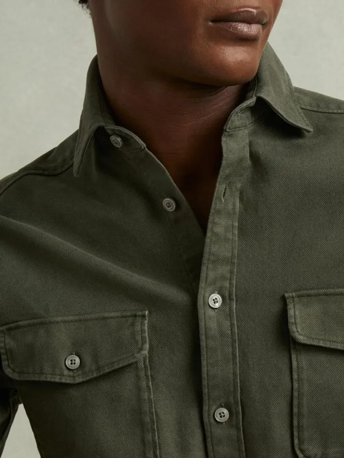 REISS Shirts Men Cotton Blend Canvas Overshirt Khaki Green