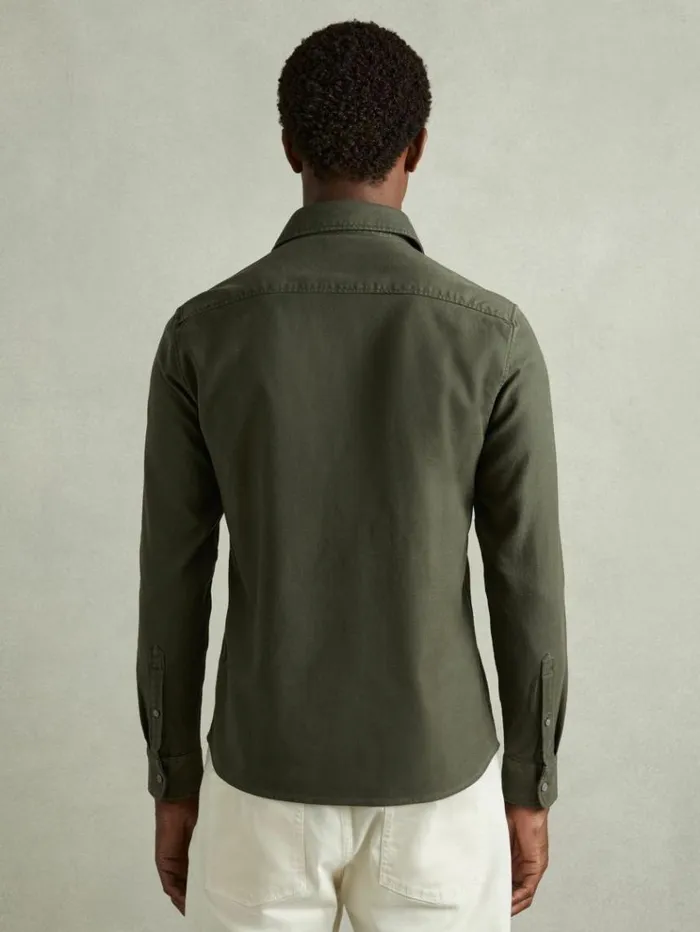 REISS Shirts Men Cotton Blend Canvas Overshirt Khaki Green