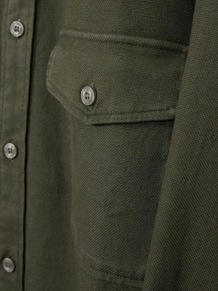 REISS Shirts Men Cotton Blend Canvas Overshirt Khaki Green