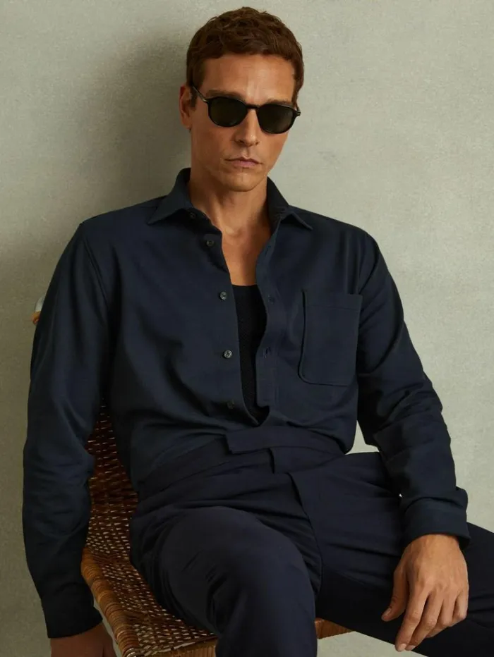 REISS Shirts Men Cotton Blend Twill Overshirt Navy