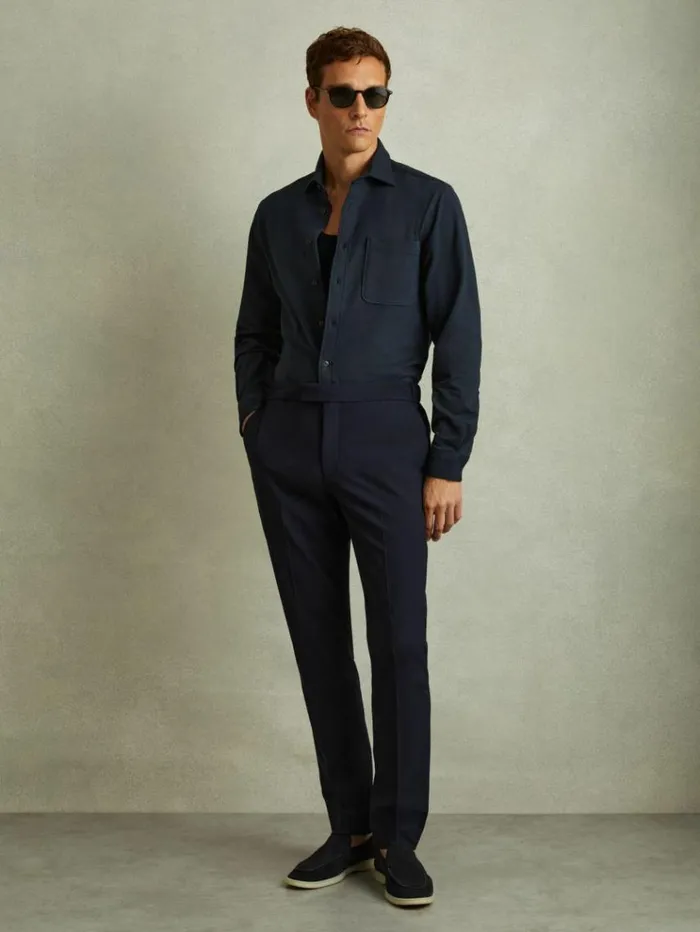 REISS Shirts Men Cotton Blend Twill Overshirt Navy