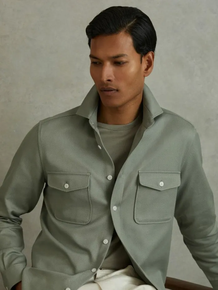 REISS Shirts Men Cotton Canvas Overshirt Sage Green