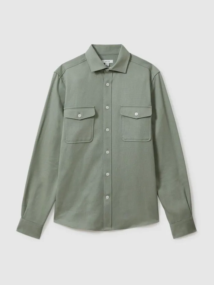 REISS Shirts Men Cotton Canvas Overshirt Sage Green