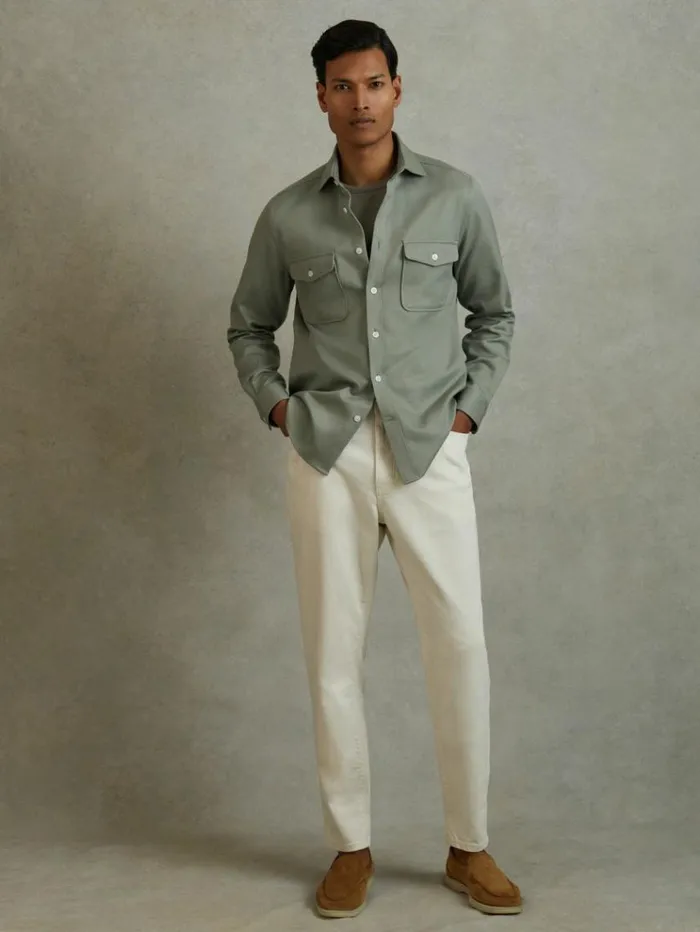 REISS Shirts Men Cotton Canvas Overshirt Sage Green