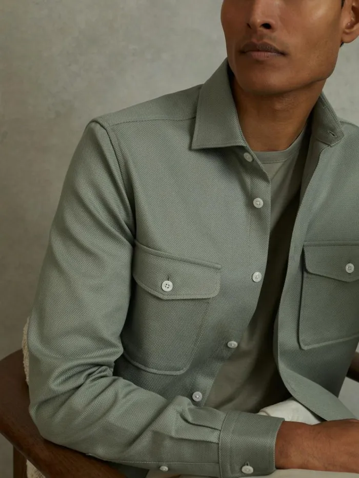 REISS Shirts Men Cotton Canvas Overshirt Sage Green