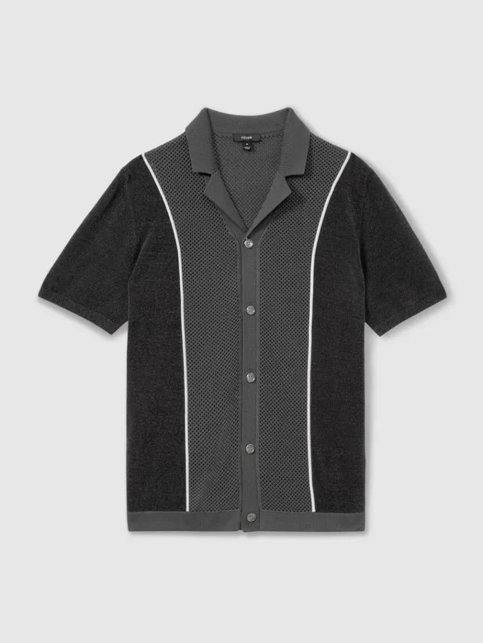 REISS Shirts Men Hybrid Velour Cuban Collar Shirt Steel Blue