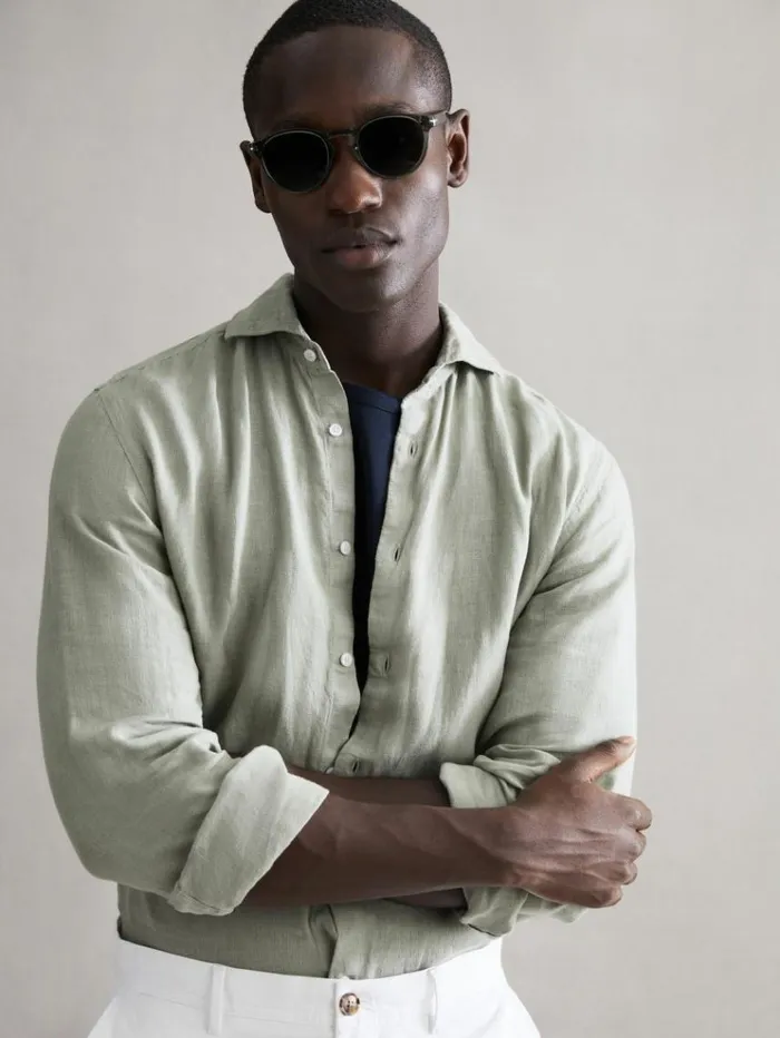 REISS Shirts Men Linen ButtonThrough Shirt Sage