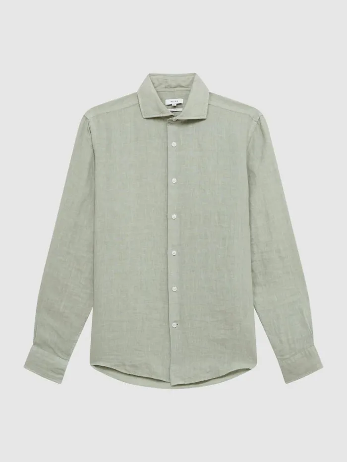 REISS Shirts Men Linen ButtonThrough Shirt Sage