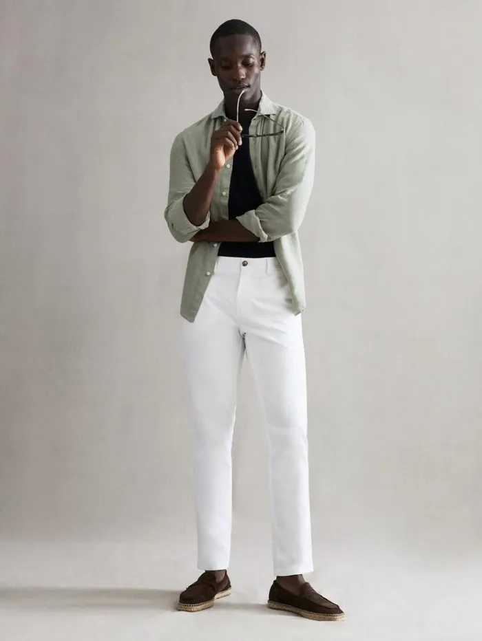 REISS Shirts Men Linen ButtonThrough Shirt Sage