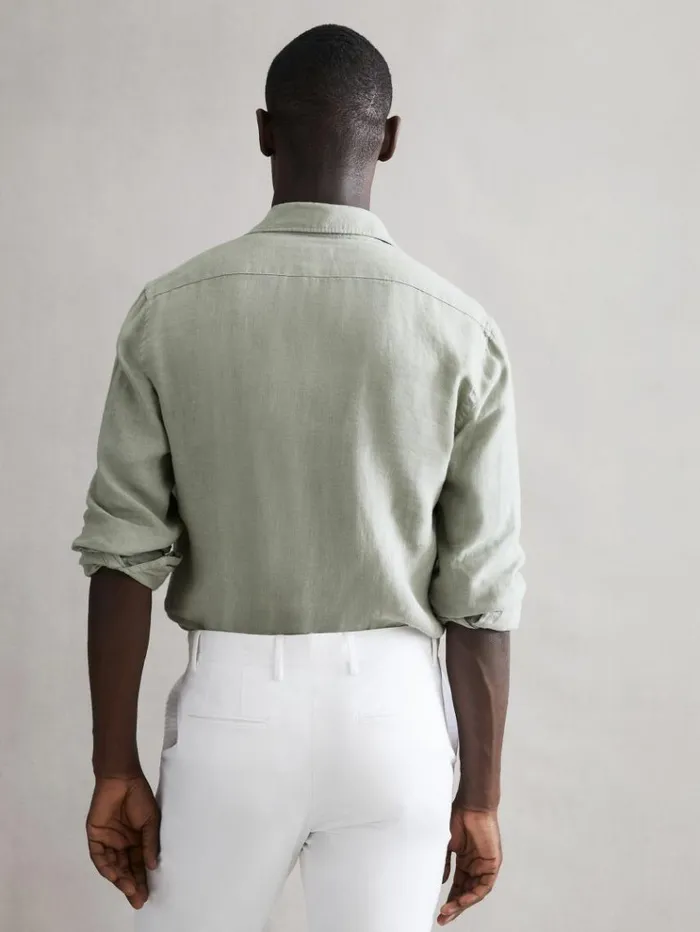 REISS Shirts Men Linen ButtonThrough Shirt Sage