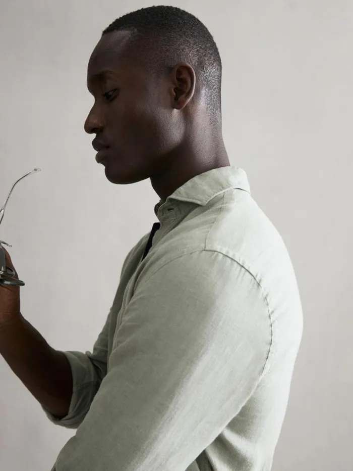 REISS Shirts Men Linen ButtonThrough Shirt Sage