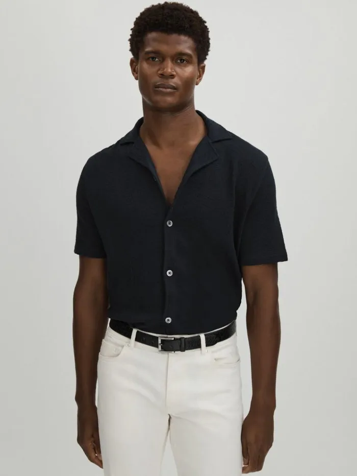 REISS Shirts Men Oscar Jacobson 100 Cotton OpenCollar Polo Shirt Navy