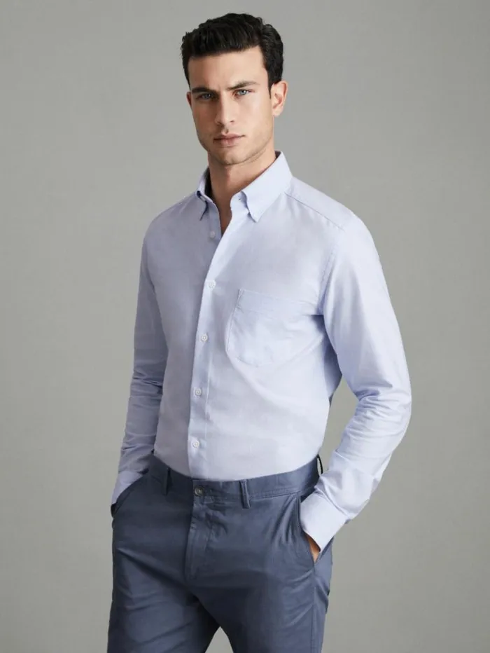 REISS Shirts Men Slim Fit Cotton Oxford Shirt Soft Blue