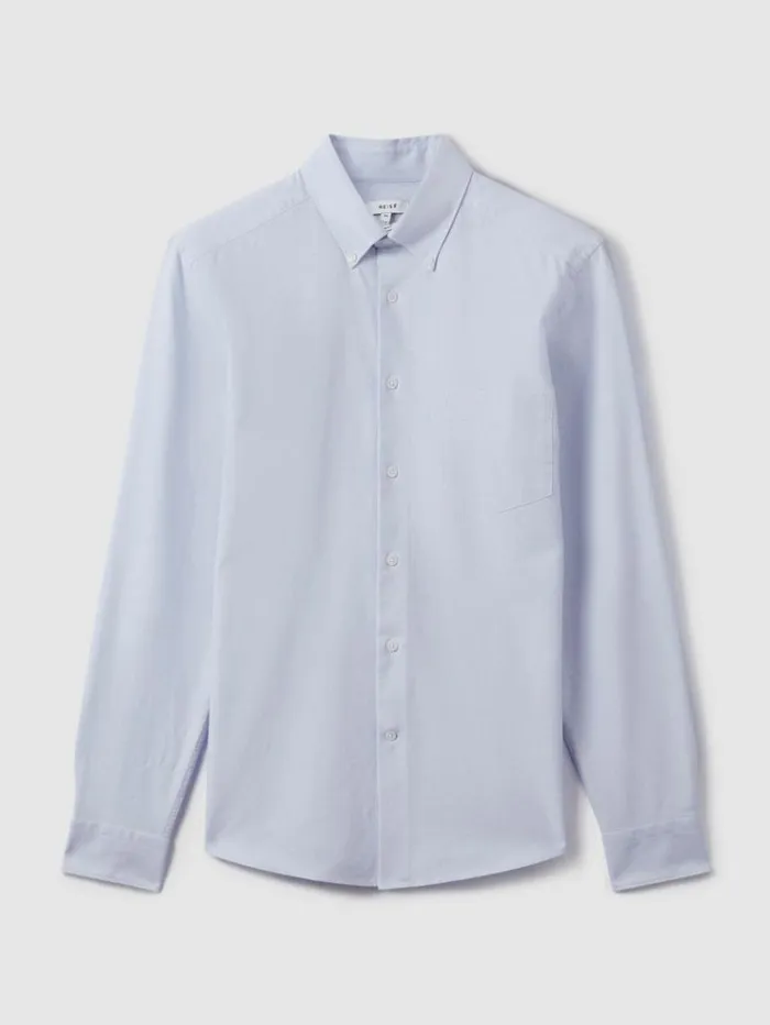 REISS Shirts Men Slim Fit Cotton Oxford Shirt Soft Blue