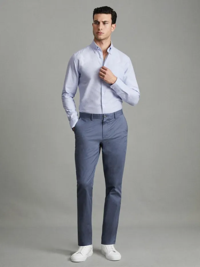 REISS Shirts Men Slim Fit Cotton Oxford Shirt Soft Blue