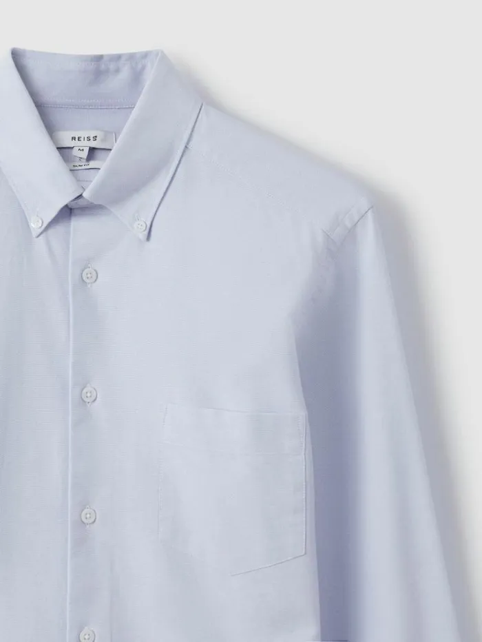 REISS Shirts Men Slim Fit Cotton Oxford Shirt Soft Blue