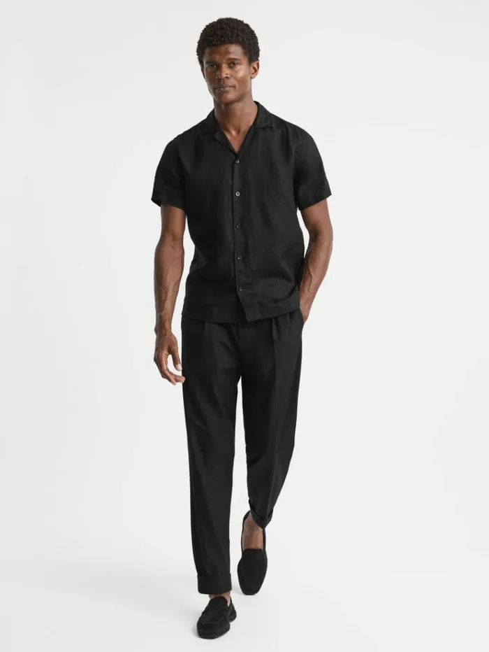 REISS Shirts Men Slim Fit Linen Cuban Collar Shirt Black