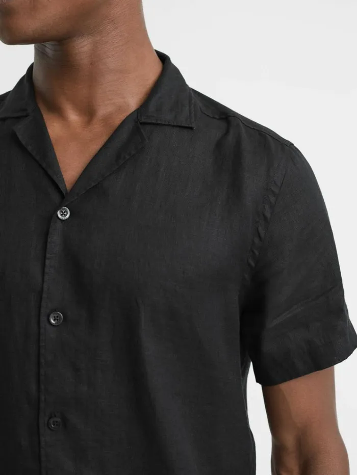 REISS Shirts Men Slim Fit Linen Cuban Collar Shirt Black