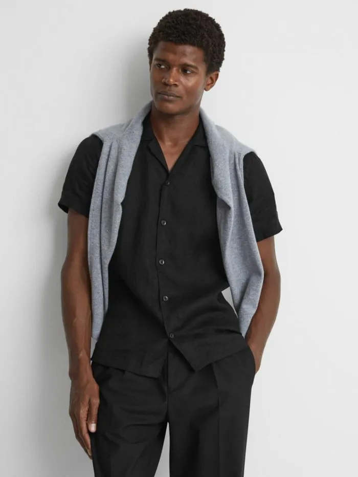 REISS Shirts Men Slim Fit Linen Cuban Collar Shirt Black