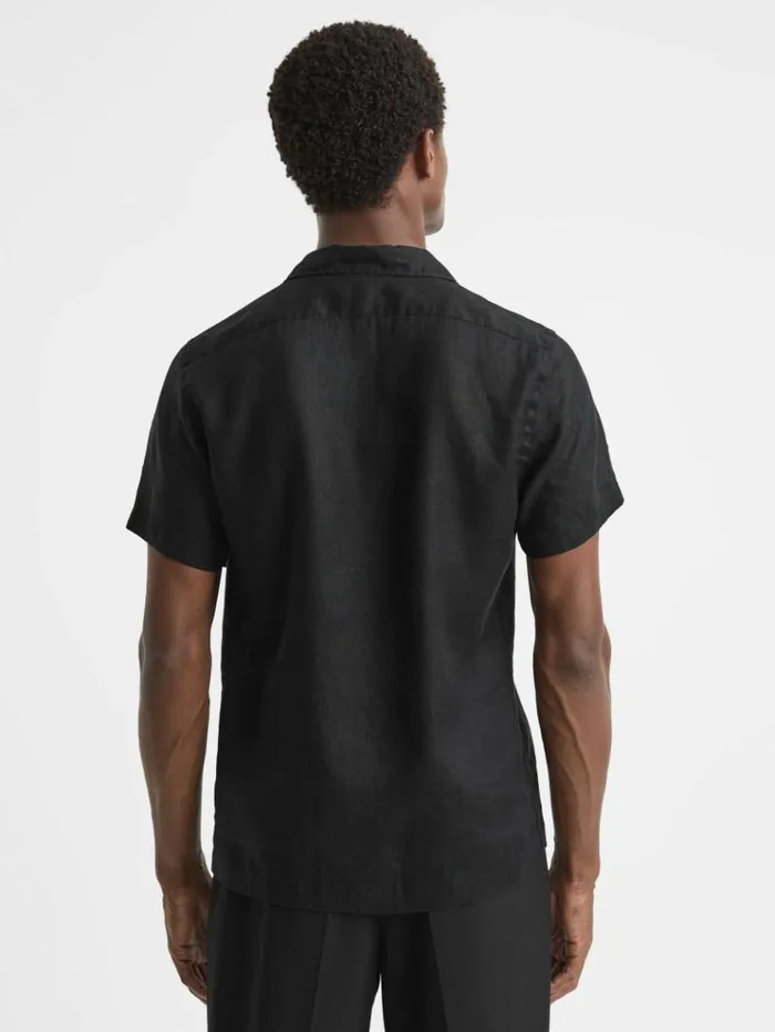 REISS Shirts Men Slim Fit Linen Cuban Collar Shirt Black