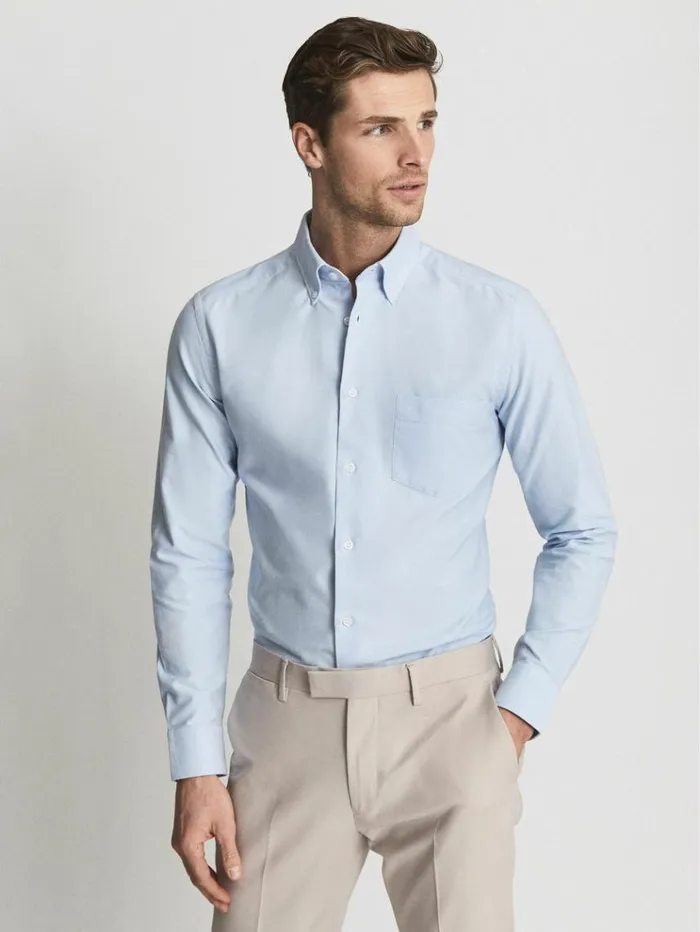 REISS Shirts Men Soft Wash Button Down Oxford Shirt Soft Blue