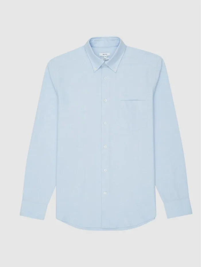REISS Shirts Men Soft Wash Button Down Oxford Shirt Soft Blue