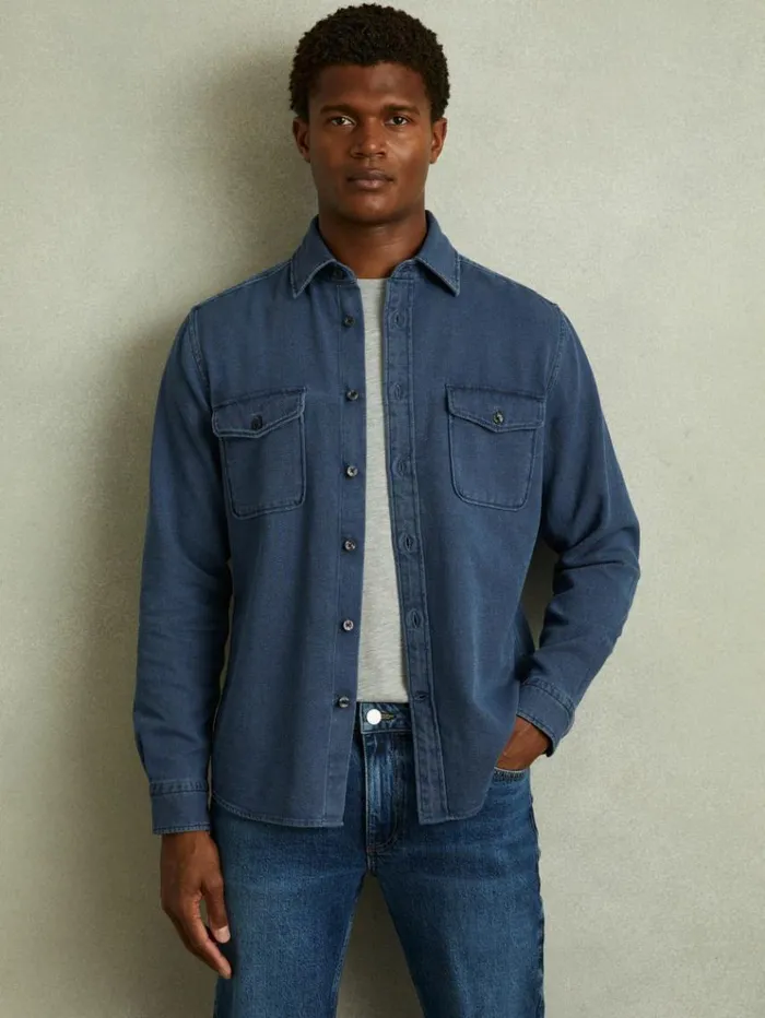 REISS Shirts Men Textured Denim Overshirt Indigo Blue